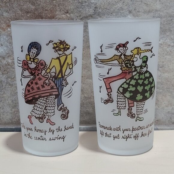 Vintage Square Dance Highball Federal Frosted Glass Tumblers Set of 2 - Picture 1 of 10